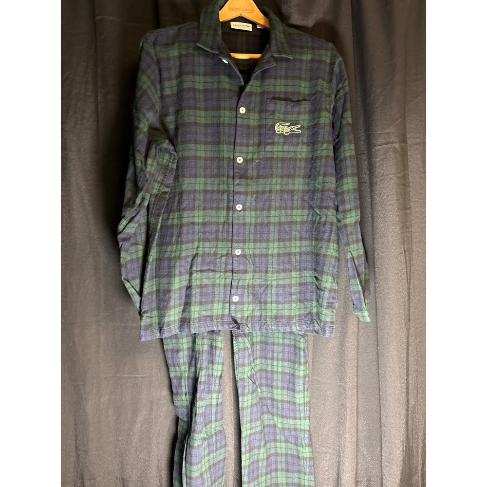 Lacoste Mens Black Watch Plaid Pajama Set Green Navy Blue Size Large L